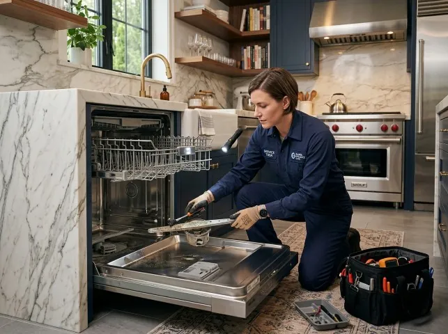 Appliance Repair Hero technician servicing a built-in dishwasher in a Boaz, KY kitchen