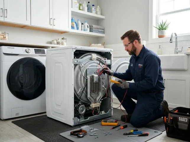 Appliance Repair Hero technician checking a dryer heating element with the rear panel off in Boaz, KY