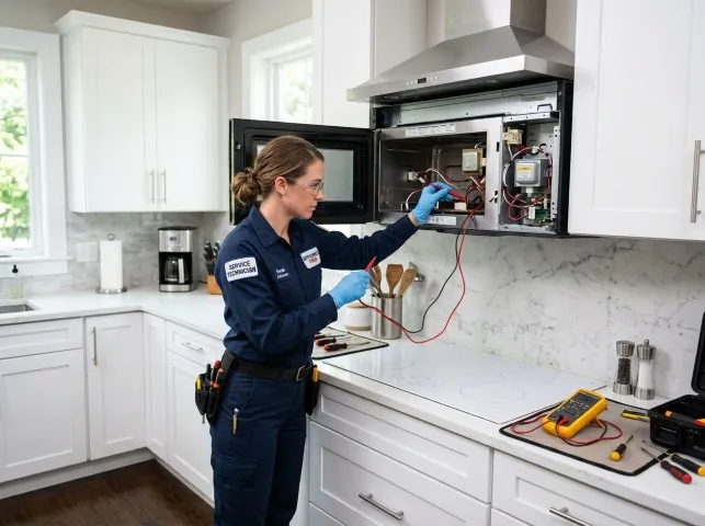 Appliance Repair Hero technician testing an over-the-range microwave in a Boaz, KY kitchen