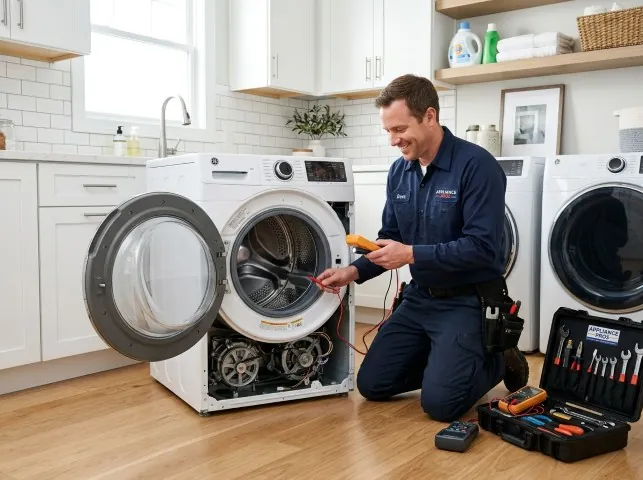 Appliance Repair Hero technician testing a front-load washer with a multimeter on a Boaz, KY service call